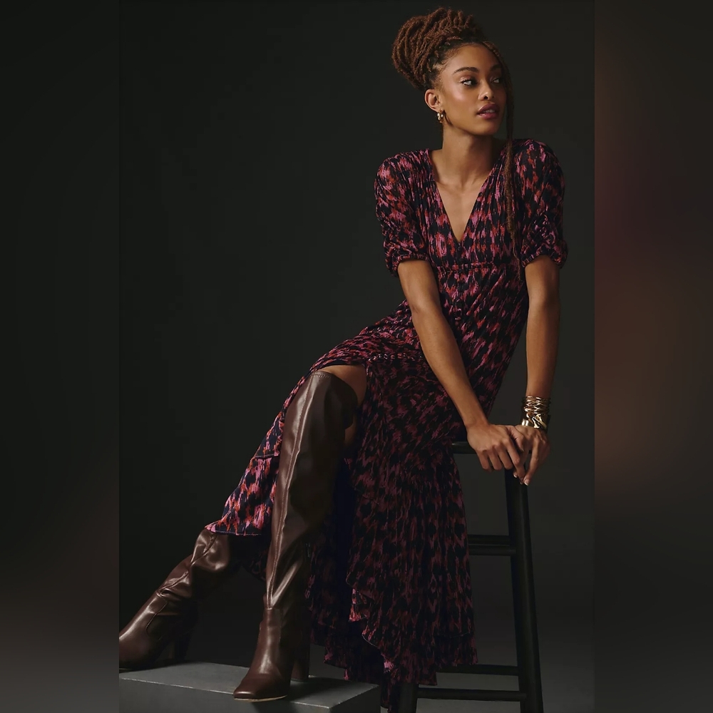 By Anthropologie Purple Printed V- Neck Ruched-Sleeve Mesh Lined Maxi Dress,XSP - Picture 2 of 12